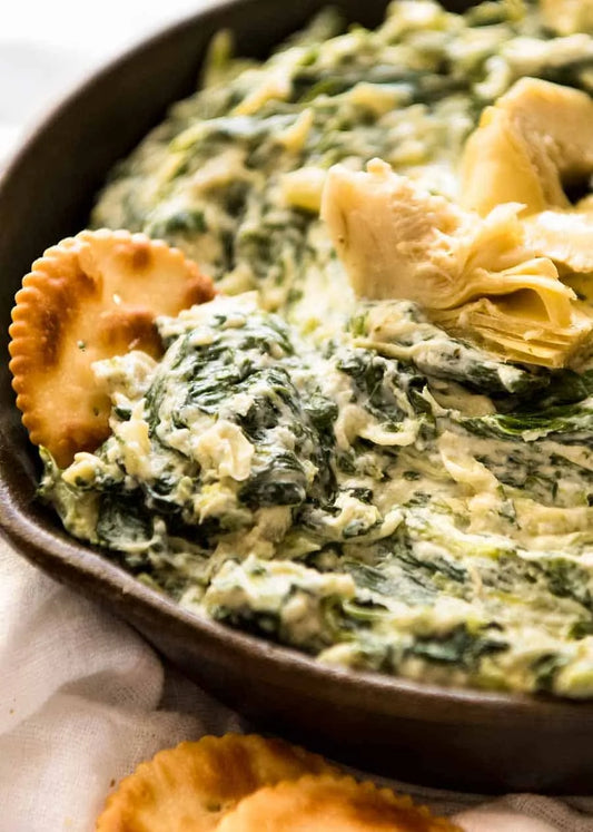 Spinach Artichoke Dip with Crackers & Naan Bread
